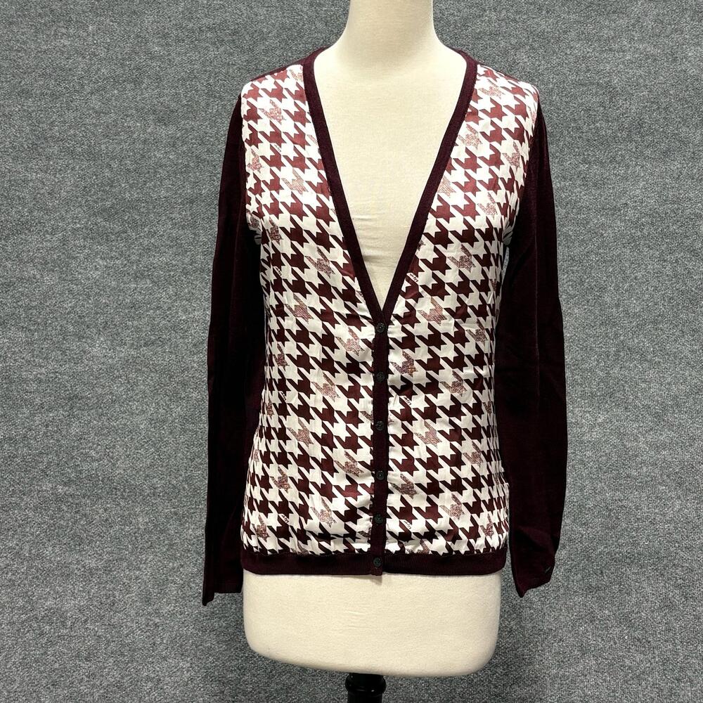 Tommy Hilfiger Cardigan Sweater Womens Medium Red Houndstooth Wool V Neck